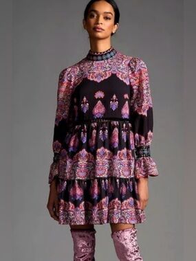 Anthropologie Black Mini Dress with Pink and Purple Paisley